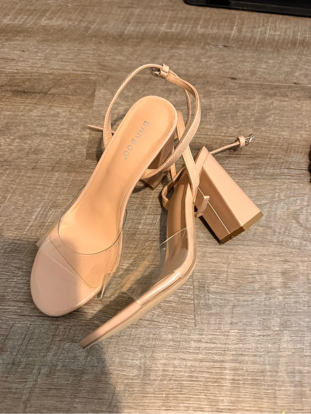 NWOT - BAMBOO Blush Clear Strap Block Heel Sandals